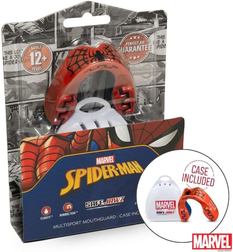 Paradenti SafeJawz Marvel Spider-Man rosso per adulti, con custodia inclusa.