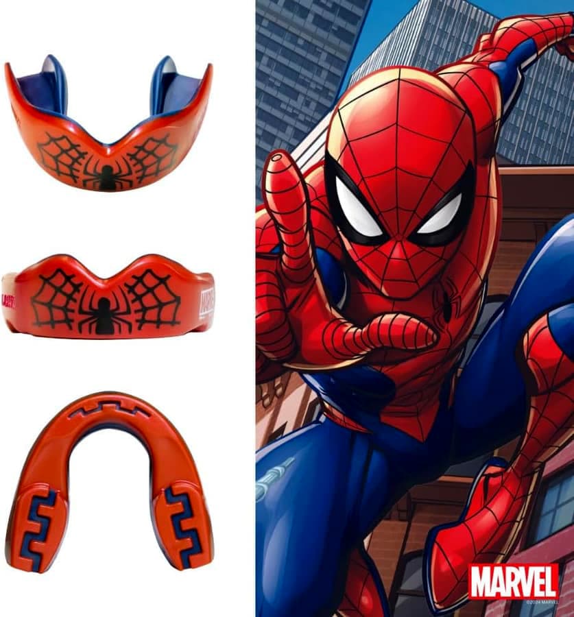 Paradenti SafeJawz Spider-Man rosso e blu, con design ragno per giovani atleti.