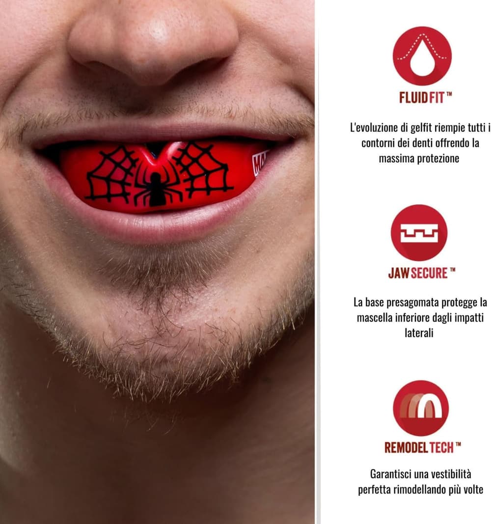 Paradenti SafeJawz con design ragno Marvel Spider-Man, rosso, per massima protezione.