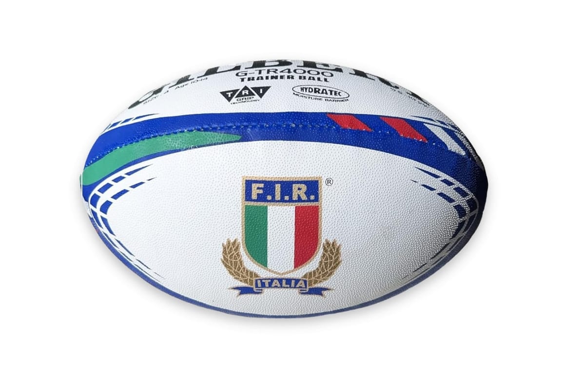 Pallone da rugby Gilbert G-TR4000 FIR Italia bianco con logo.