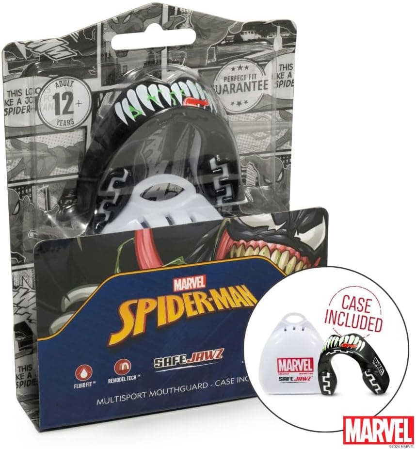 Paradenti Marvel Venom SafeJawz nero con design denti, inclusa custodia.