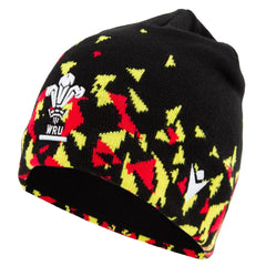 Zuccotto da rugby WRU Galles con design a mosaico rosso, giallo e nero.