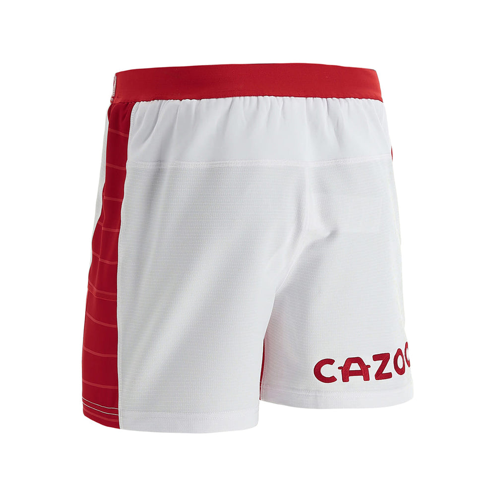 Pantaloncini da rugby Galles Home 2023 bianchi con dettagli rossi e logo Cazo.