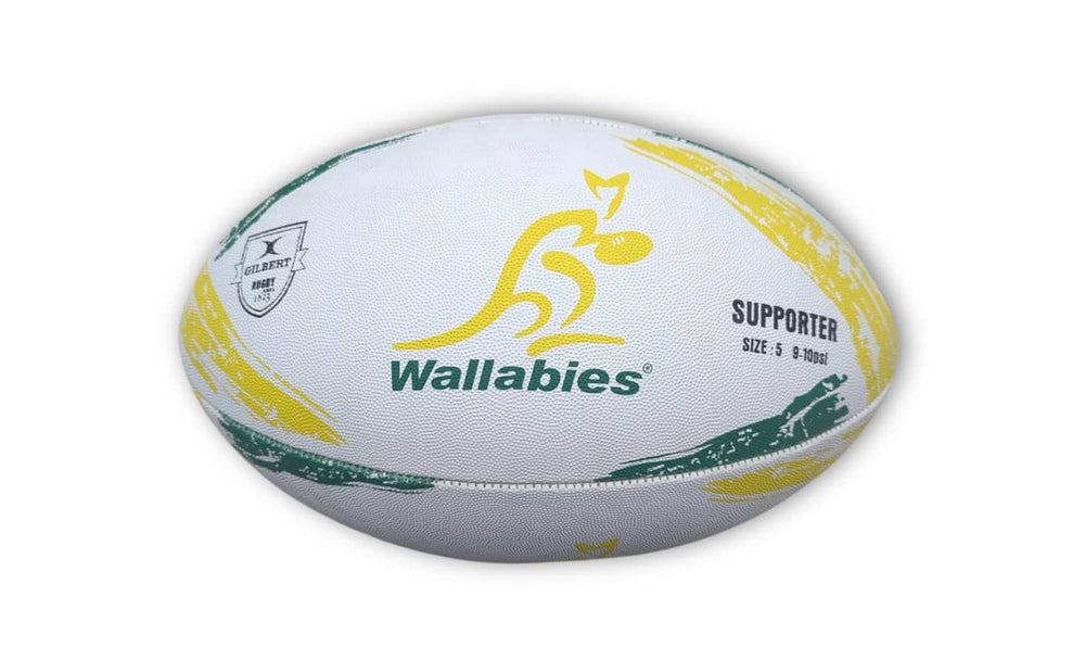 Pallone da rugby supporter Wallabies Australia, bianco con dettagli verdi e gialli, taglia 5.