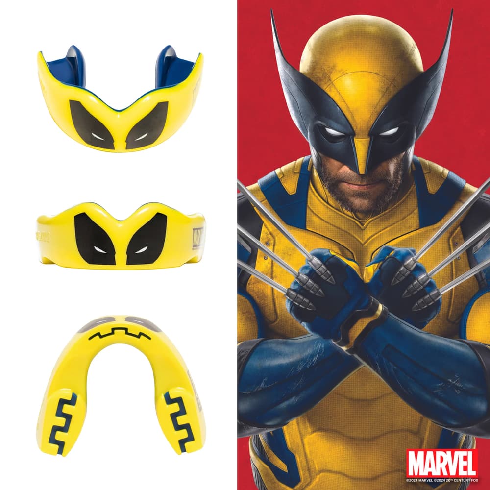 Paradenti Safejawz Marvel Wolverine giallo e blu con design artigli.