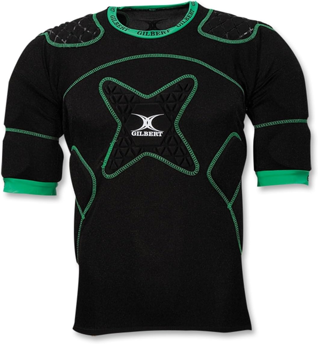 Spalline da rugby Gilbert Xact 10: maglia protettiva da rugby nera con spalle e petto imbottiti verdi per assorbire gli urti.