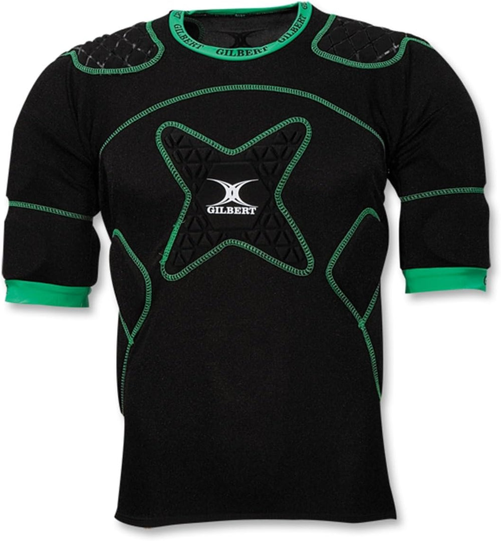 Spalline da rugby Gilbert Xact 10: maglia protettiva da rugby nera con spalle e petto imbottiti verdi per assorbire gli urti.