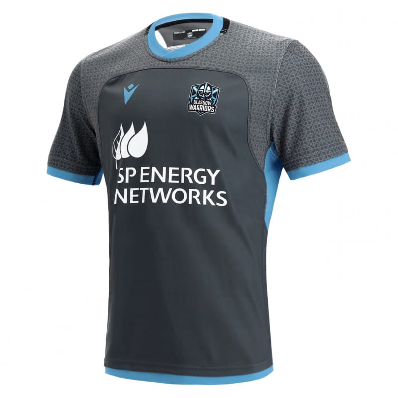 Maglia da rugby replica Glasgow Warriors Training Pro: maglia grigio scuro con dettagli azzurri, con logo SP Energy Networks.
