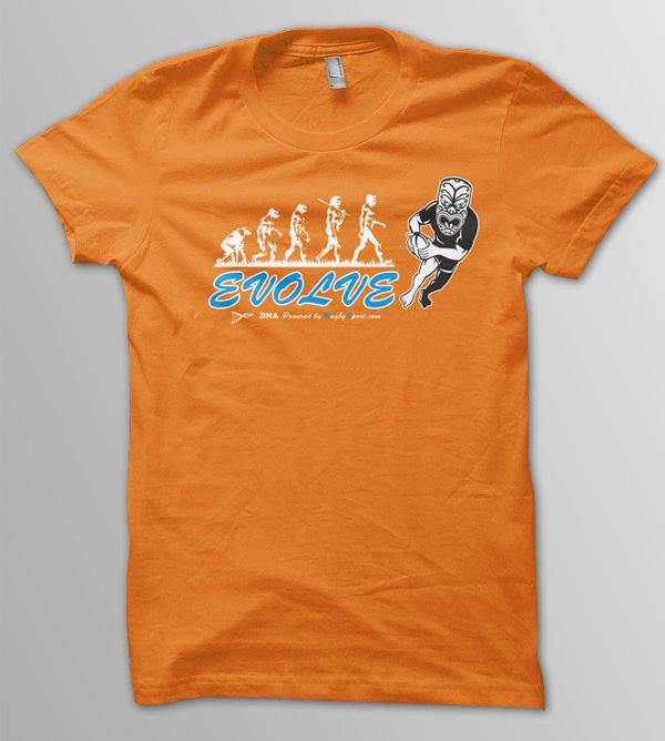 Maglietta arancione uomo "Evolve Rugby" con grafica evoluzione uomo-rugbista.