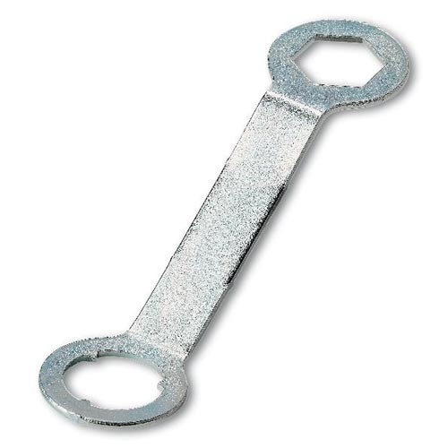 Chiave per tacchetti esagonale e circolare in metallo argentato.