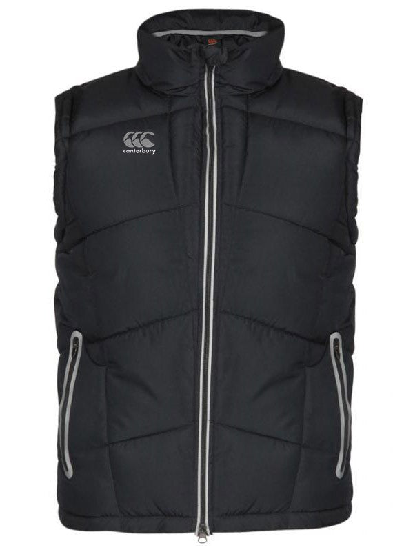Giubbotto smanicato nero Canterbury Pro Puffa, ideale per il rugby.
