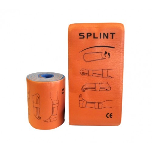Supporto flessibile arancione per gamba, con istruzioni grafiche e logo CE.