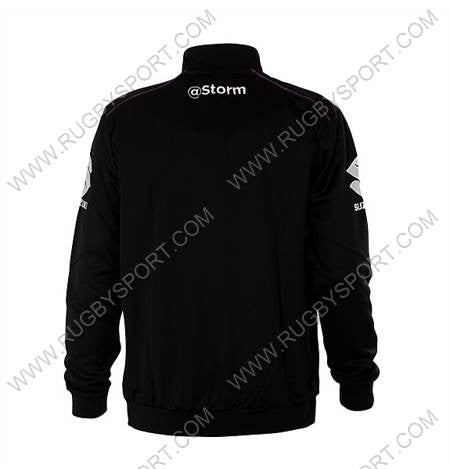 Giacca travel Melbourne Storm nera, retro con logo Suzuki e dettagli viola.