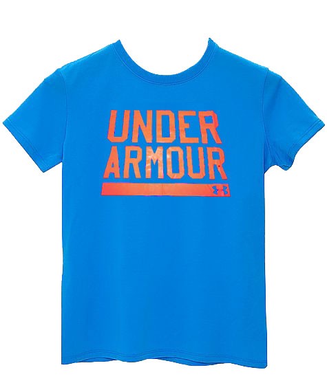 T-shirt Under Armour Heatgear azzurra per bambino con logo stampato.