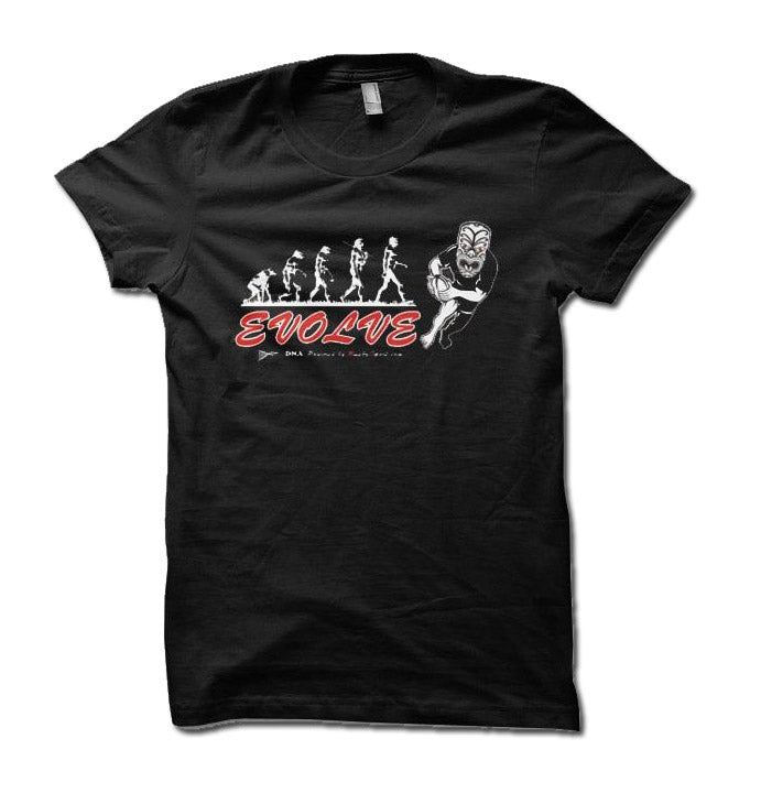 T-shirt nera da uomo con stampa "Evolve" e evoluzione umana in stile rugby.