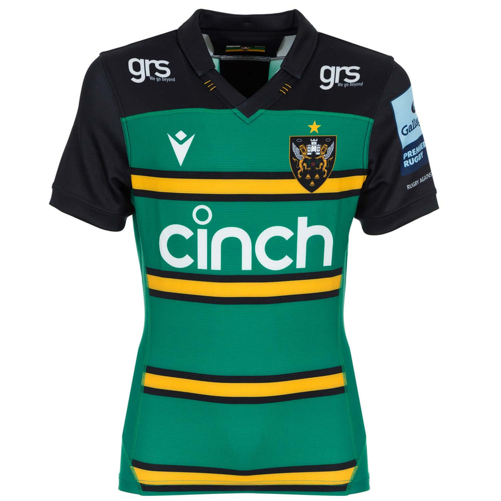 Maglia da rugby casalinga dei Northampton Saints 2022-23: autentica maglia verde e oro con logo della squadra.