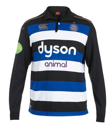 Maglia da rugby Bath Rugby a manica lunga, a strisce blu, bianche e nere, con logo Dyson.