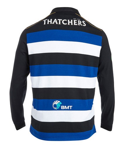 Maglia rugby Bath a manica lunga con strisce blu, bianche e nere, logo Thatchers.