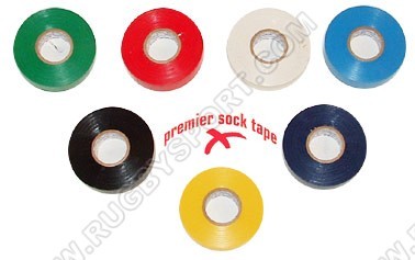 Rotoli di nastro adesivo Premier Sock Tape per rugby in vari colori: verde, rosso, bianco, blu, nero, giallo e blu scuro.