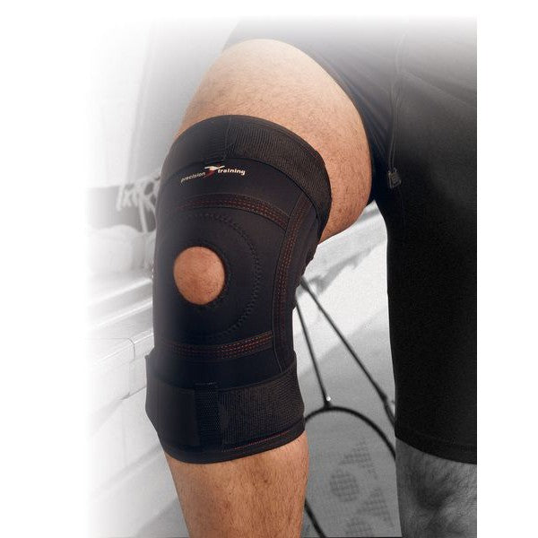 Ginocchiera aperta stabilizzata nera con foro rotuleo, per allenamento.