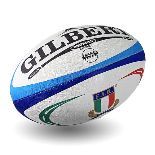 Pallone da rugby Gilbert Dimension Matchball FIR Italia, taglia 5, bianco con dettagli blu e tricolore.