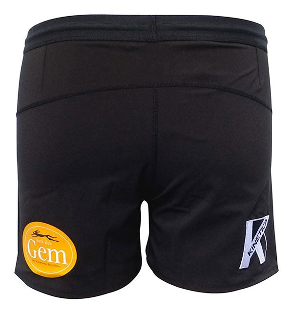 Pantaloncini ufficiali Bath Rugby neri con logo Kinetica e sponsor Gem.