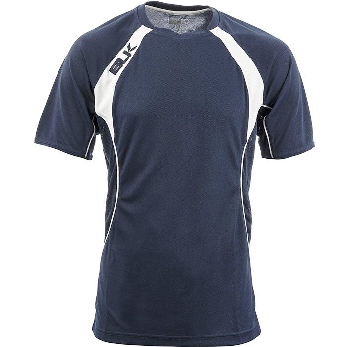 Maglia tecnica BLK training blu, con inserti bianchi e mesh traspirante sui fianchi.