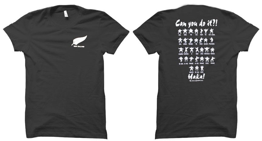 T-shirt rugby nera con stampa Haka neozelandese e felce argentata.