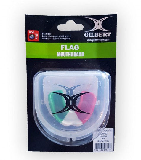 Paradenti Gilbert Flag Tricolore Italia con custodia protettiva trasparente.
