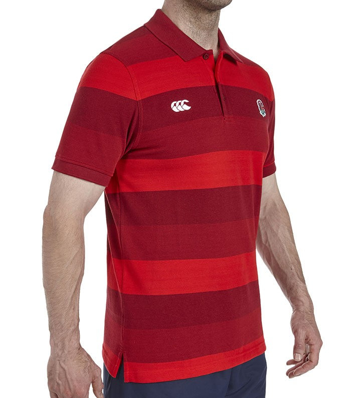 Polo da uomo a righe rosse e bordeaux, con logo Inghilterra Rugby Canterbury.