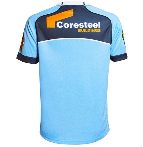 Maglia da rugby Northland Home azzurra con logo Coresteel Buildings sul retro.