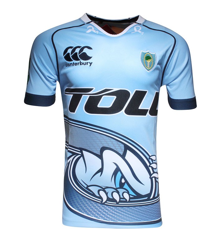 Maglia da rugby Northland Home azzurra con logo Canterbury e stemma squadra.
