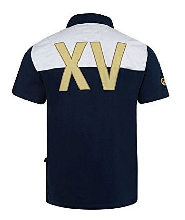 Maglia Webb Ellis Cup RWC blu con scollo bianco e scritta dorata XV sul retro.
