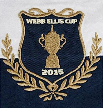 Maglia Webb Ellis Cup 2015 con stemma ricamato e dettagli dorati.