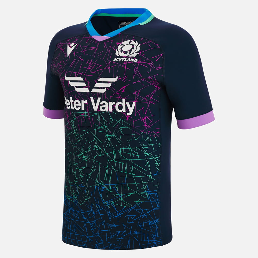 Maglia da allenamento Macron Scotland Rugby 2023: maglia da rugby blu navy con grafica esclusiva, logo del cardo scozzese e marchio dello sponsor.