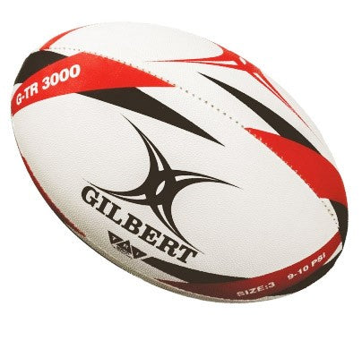 Pallone da rugby Gilbert G-TR 3000 bianco e rosso, taglia 3, ideale per allenamento.