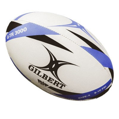 Pallone da rugby Gilbert G-TR 3000 bianco e blu, ideale per allenamento e partite.