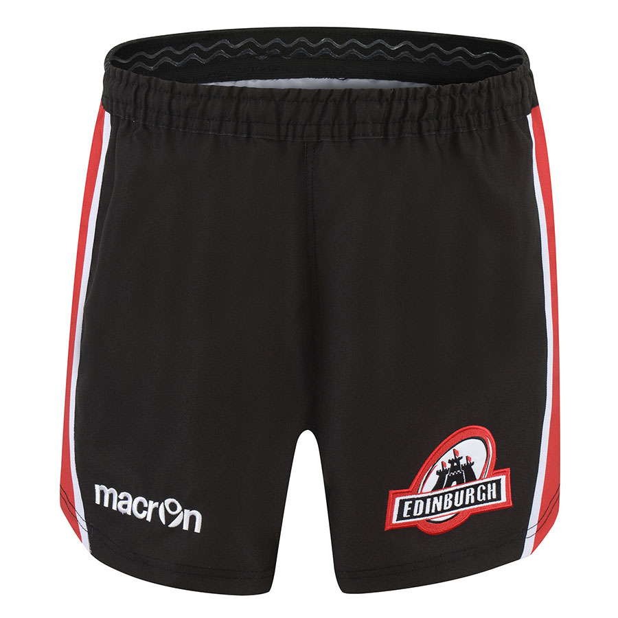 Pantaloncini da rugby Macron ufficiali gara Edinburgh neri con dettagli rossi.