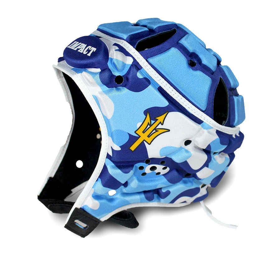 Caschetto da rugby Impact, design mimetico blu e giallo con simbolo tridente.