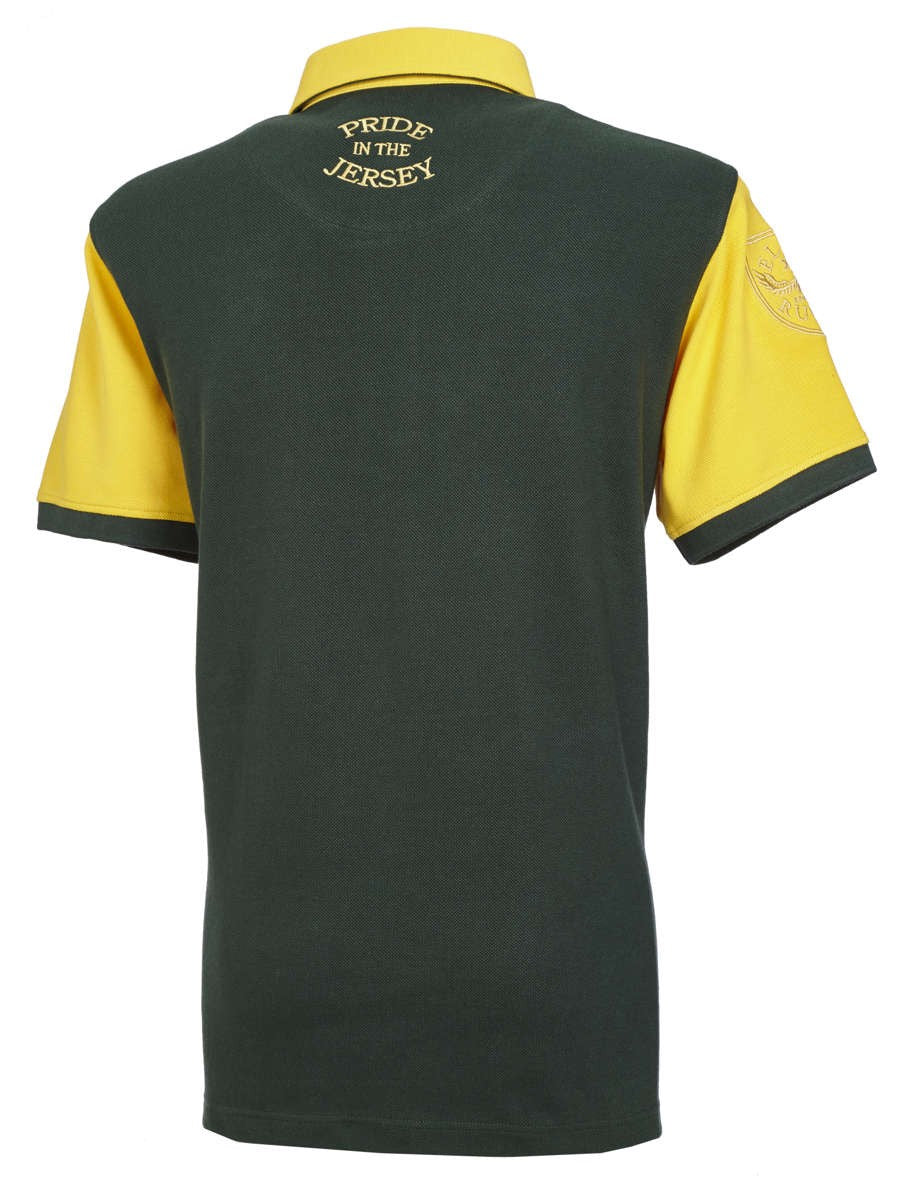 Polo rugby vintage Sud Africa verde e gialla con logo sul colletto.