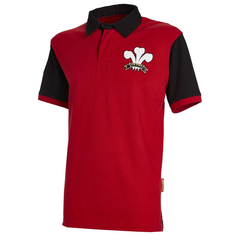 Polo da rugby vintage Galles rossa e nera con stemma.