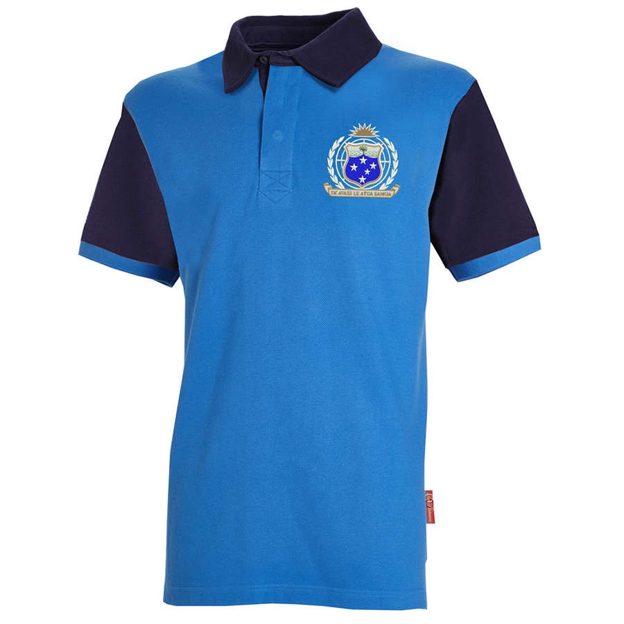 Polo rugby vintage blu e blu scuro Samoa con stemma nazionale