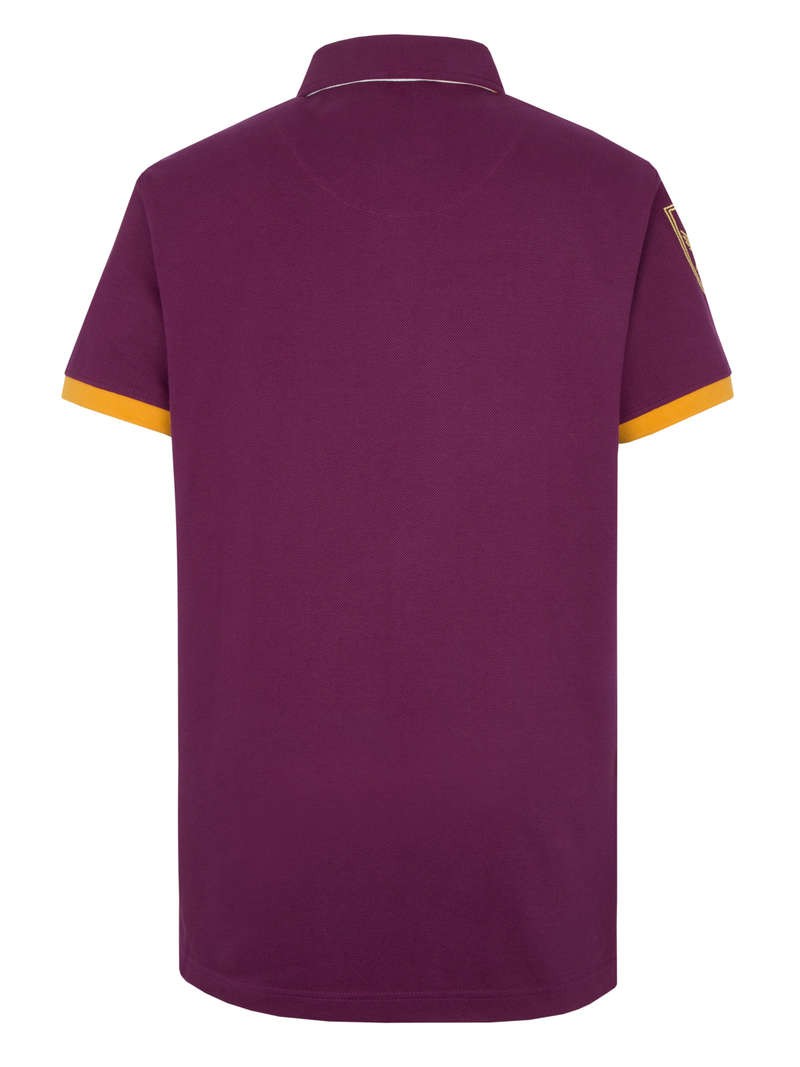 Maglia polo rugby Huddersfield Giants vintage color prugna con dettagli oro sulle maniche.