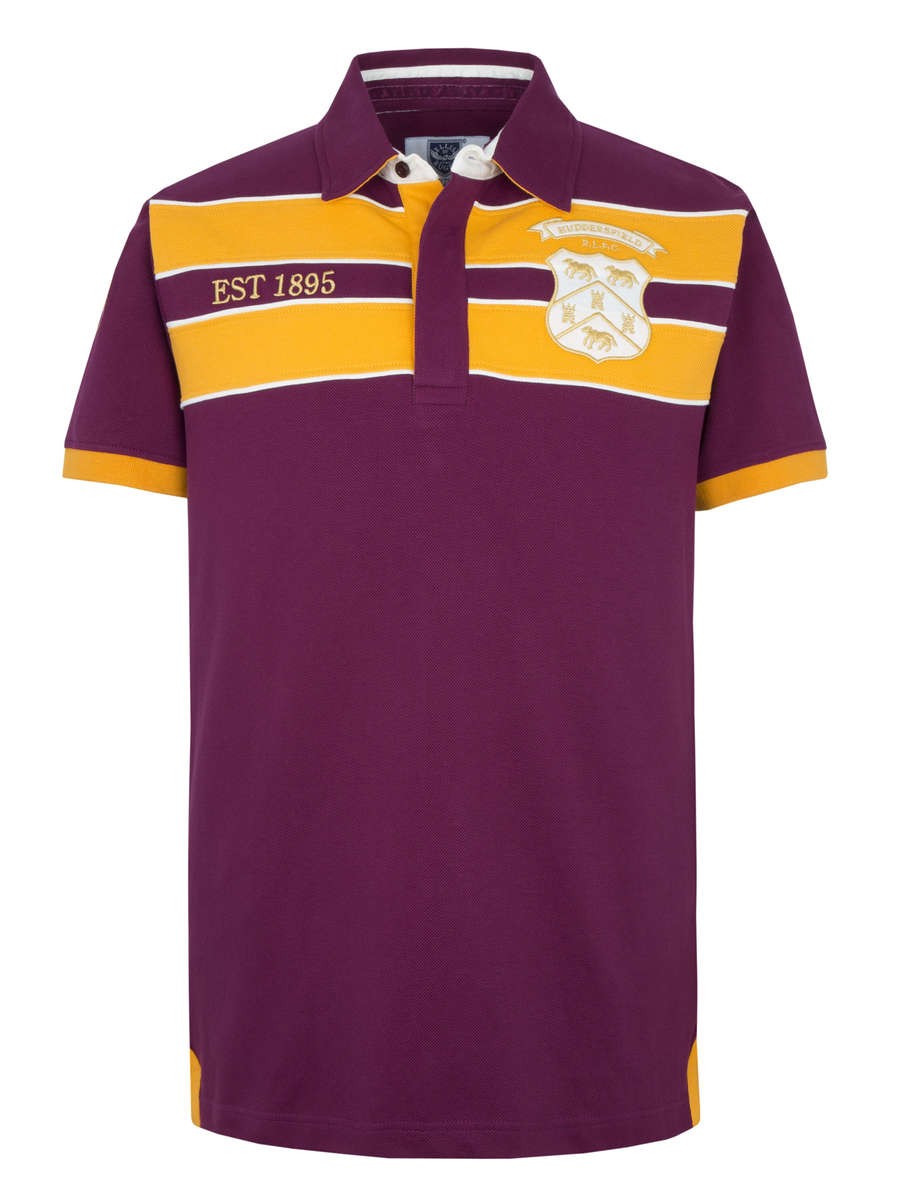 Polo rugby Huddersfield Giants vintage bordeaux e oro con stemma.