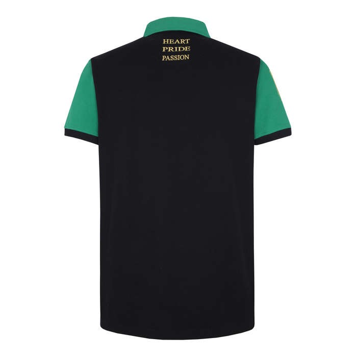 Maglia polo rugby Northampton Saints vintage nera con maniche verdi e scritta "Heart Pride Passion".