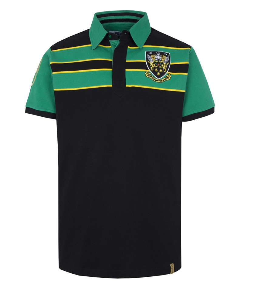 Polo rugby vintage Northampton Saints nera e verde con stemma
