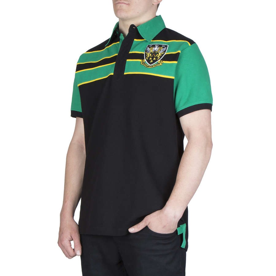 Maglia polo rugby vintage Northampton Saints, nero e verde con stemma
