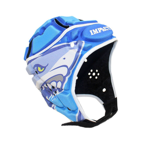 Caschetto da rugby Impact con stampa di squalo, colore blu e bianco.