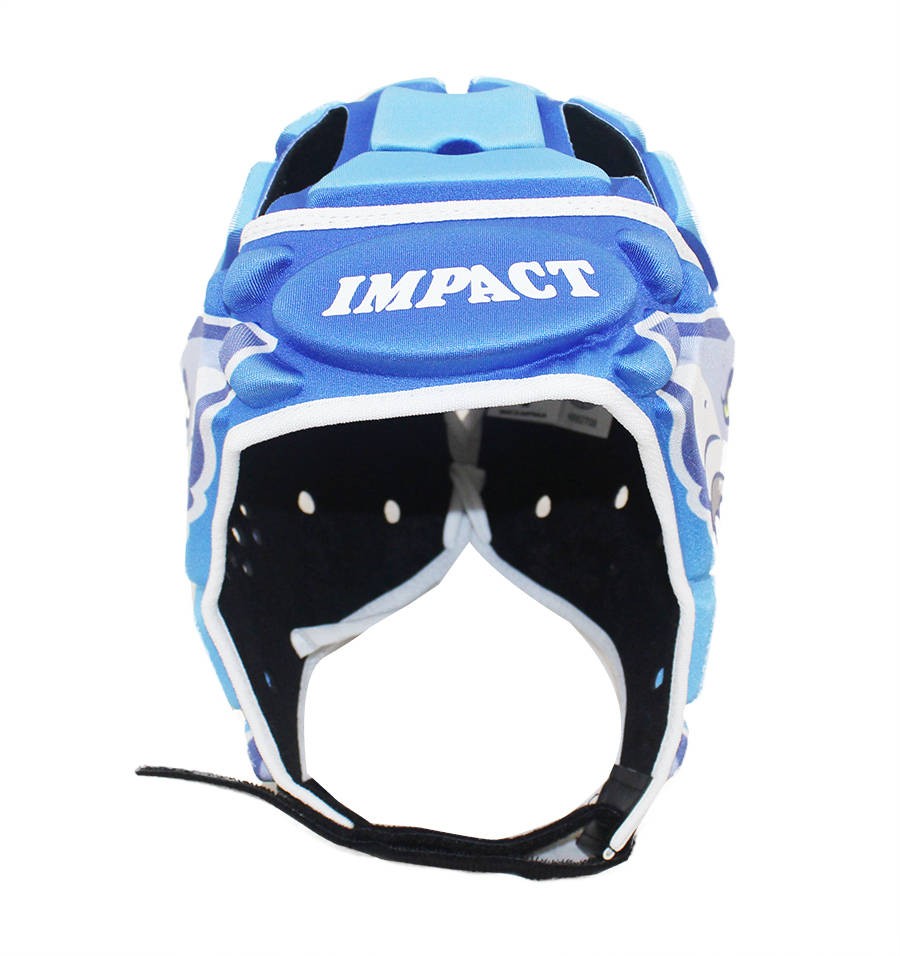 Caschetto da rugby Impact, azzurro e bianco, con logo "IMPACT" e design a squalo.