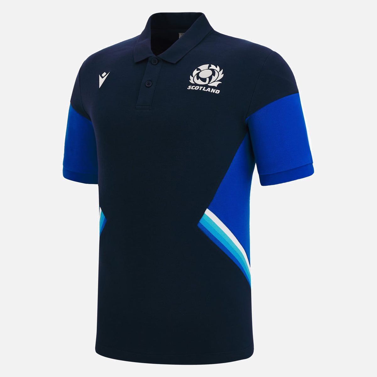 Polo Rugby Scozia Travel Macron 2023 blu navy con dettagli blu elettrico.